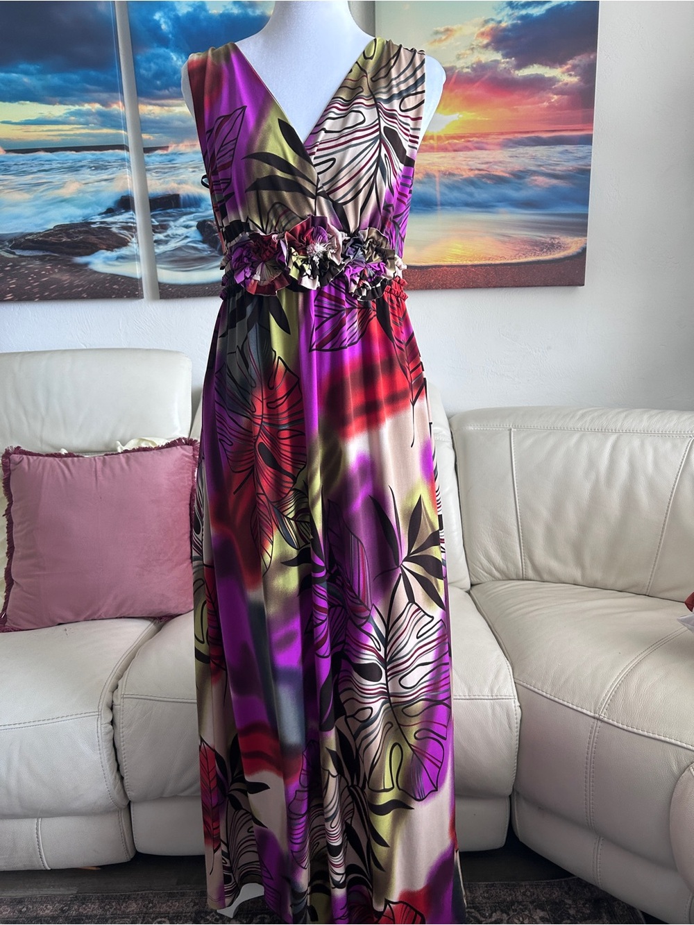 Dress Barn Purple and Fuchsia Floral Print V-Neck Maxi Dress